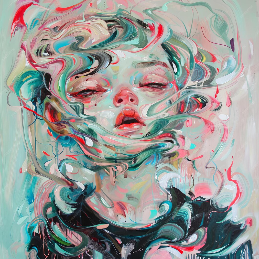 A imagem que acompanha este texto é um retrato artístico abstrato de um rosto feminino com expressão serena e onírica. Olhos entreabertos, lábios levemente abertos e feições que se dissolvem em pinceladas ondulantes e coloridas – como se fossem fios de vento, pensamento ou memória. A composição, marcada por tons suaves de azul, rosa, verde e vermelho, cria um efeito visual hipnótico, evocando o “desver” sugerido por Manuel de Barros: um convite ao silêncio e à introspecção.